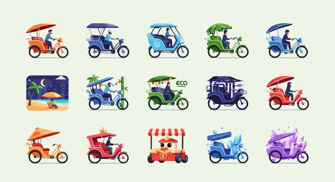 A vibrant 4K icon set featuring twelve unique and creative becak (pedicab) designs in a modern flat and soft 3D style. Ideal for travel apps, cultural projects, transportation branding, UI/UX design