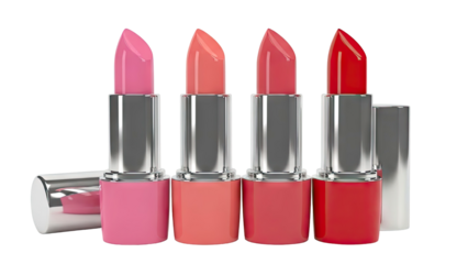 Four lipsticks in different shades of pink, coral, and red