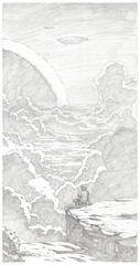 Obraz premium Pencil sketch of a boy sitting on a cliff looking at a giant planet above clouds.