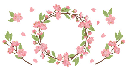 Spring Cherry Blossom Wreath and Branches, Pink Flowers, Green Leaves, Isolated