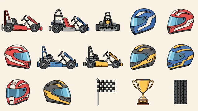 Go Kart Racing Equipment Icons: Cars, Helmets, Trophy, Checkered Flag, Tire