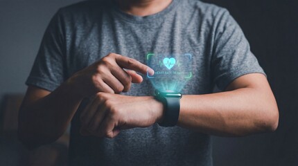 Man checking smartwatch with glowing heart icon in dark moody lighting on gray t-shirt for health technology