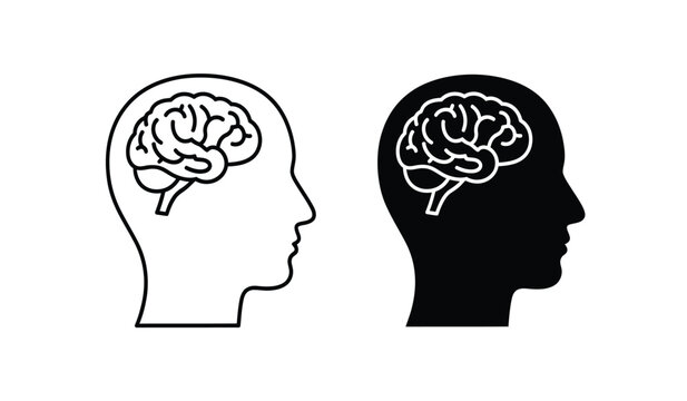 Black and white line art illustration of two human head profiles with brains visible, side view, simple minimalist design