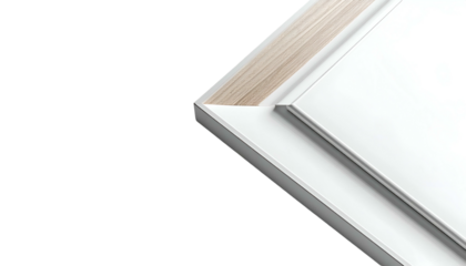 Angled shot of a white surface with beveled edges and a strip of light wood