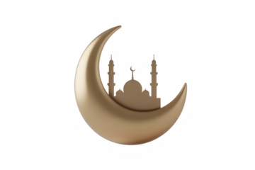 3D crescent moon with mosque silhouette symbolizing Islamic faith isolated on transparent background