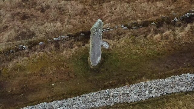 Drone shot of Clach an Trushal, a prehistoric standing stone on the Hebrides.