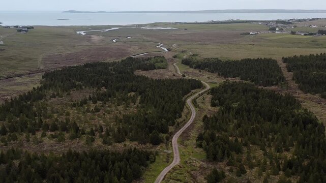 Drone shot of a peat track in the village of Back on the Isle of Lewis.