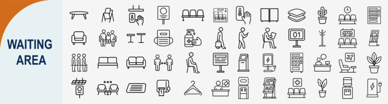 Waiting area furniture and lounge interior line icons set for public space