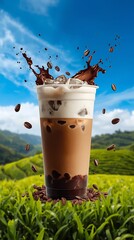 Generative AI Vibrant Scene of a Splashing Bubble Tea with Chunks and Liquid Dynamics