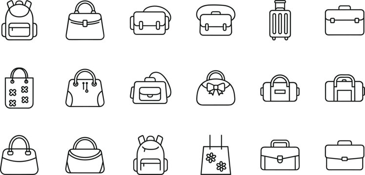 Travel bag and luggage line icons set featuring backpacks handbags suitcases vector outline symbols collection
