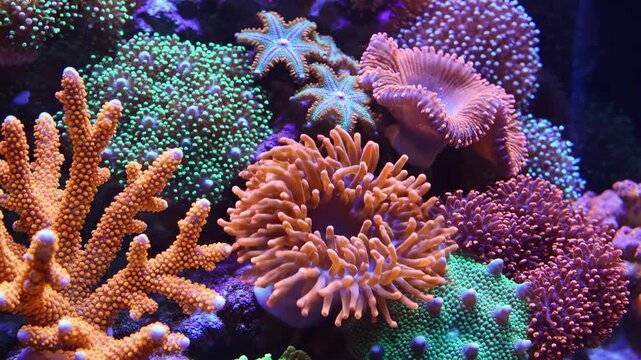 Vibrant saltwater coral reef aquarium with anemones and starfish
