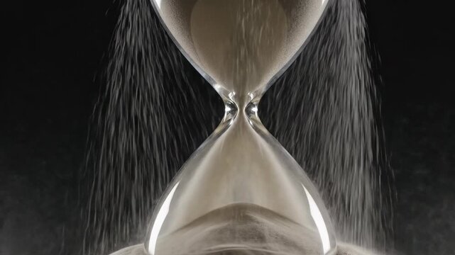 Cinematic reverse sand flow inside a glass hourglass against a black background, representing the concept of time turning back or restoration