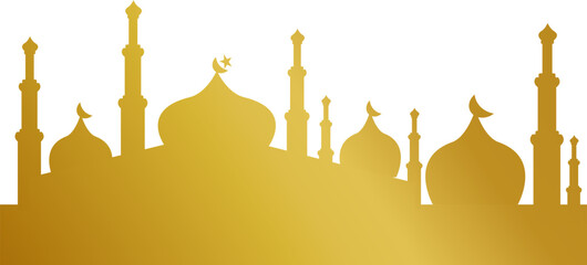Elegant golden mosque silhouette with minarets and domes. Islamic architecture for religious events and cultural designs.