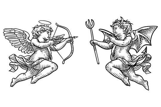 Vintage woodcut style illustration depicting the classic conflict between good and evil. Features a winged angel cherub aiming a bow and arrow opposite a horned demon with bat-like wings holding a pit