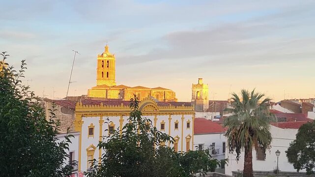 Zafra. Sunrise in a Spanish city. Church of La Candelaria. Spain.