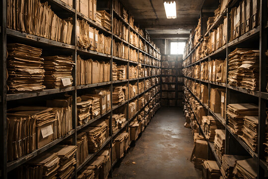 Old Archive Storage Room Filled with Stacked Paper Files, Shelves of Documents, Vintage Records, Historical Filing System, Document Organization