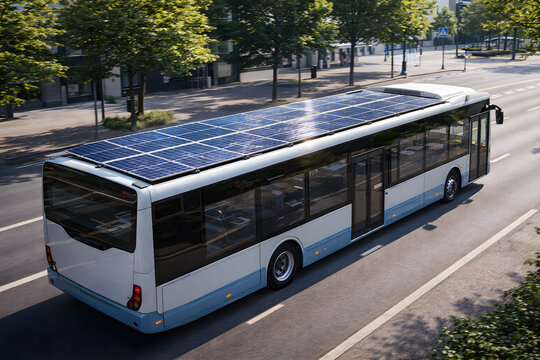 Solar Powered Electric Bus Driving on City Street