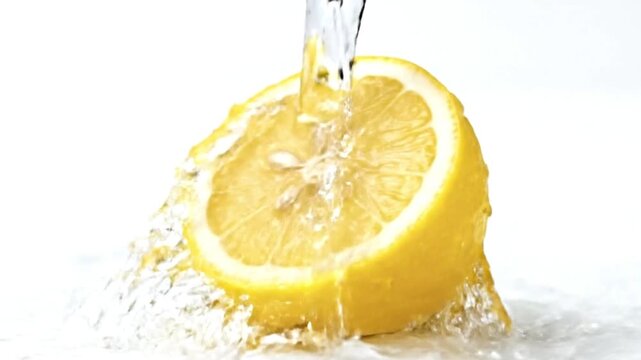 A vibrant, close-up shot captures a stream of clear water intensely splashing onto a freshly sliced yellow lemon half, creating dynamic ripples and glistening droplets against a pristine white backgro