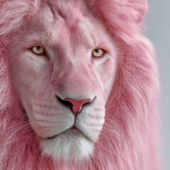 Pink lion portrait closeup with soft fur and intense fantasy expression