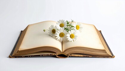 Open, aged book with blank pages; daisies rest across the pages. White background