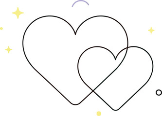 Two overlapping minimalist hearts one pink and one light blue surrounded by tiny pastel shapes creating a gentle design for romance