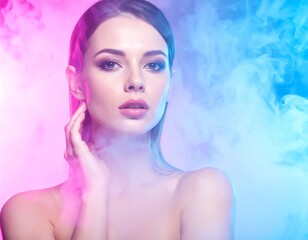 Striking portrait of a woman amidst colorful smoke, gazing forward with soft, gentle features and fair complexion