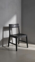 A dramatic and moody artistic photograph of a single black wooden chair in an empty corner, its simple form accentuated by a strong, diagonal shadow from a window.
