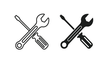 Naklejka premium Black and white line icons of crossed screwdrivers and wrenches for repair and maintenance