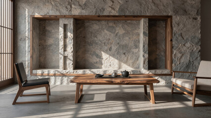 A serene and minimalist Wabi-sabi style interior with a low rustic wooden table, a rough stone wall, and beautiful natural light creating a peaceful, meditative space.
