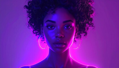 Striking portrait of a woman with curly hair, illuminated by vibrant pink and purple neon lighting