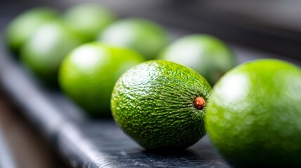 A row of green avocados on a black surface