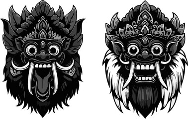 A Set of Six Stunning Balinese Barong Mask Illustrations Capturing the Essence of Indonesian Folklore with Ornate Craftsmanship and Vibrant Multi-Colored Palettes
