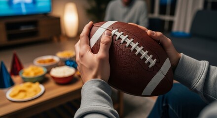 Obraz premium Close-up of a person's hands holding a football, anticipating the Super Bowl game day action during a home party for a fan experience concept
