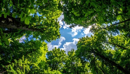 Fototapeta premium Looking Up Through the Forest Canopy to a Blue Sky.