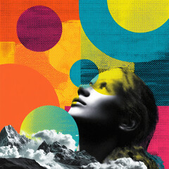 Surreal pop art portrait with colorful geometric circles and clouds overlay