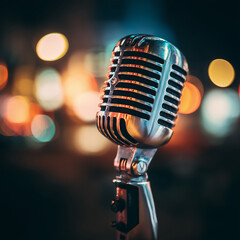 Vintage style microphone on stage with colorful bokeh lights background