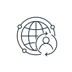 Humans and data exchange in the global Internet flow. Vector linear icon illustration isolated on white background.