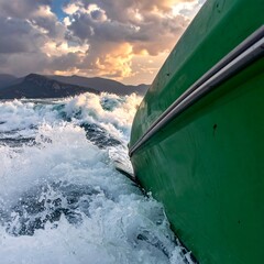 A green boat cuts through turbulent water with mountains in background