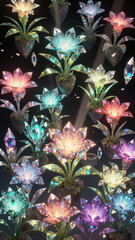 A magical and enchanting garden of glowing, crystal-like lotus flowers in vibrant, otherworldly colors, creating a fantastical and dreamlike fantasy landscape.
