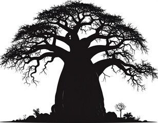 Striking silhouette of a large baobab tree with thick trunk and sprawling branches against a plain white background
