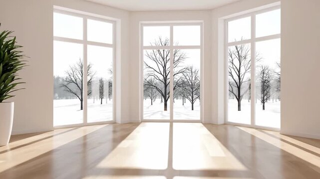 Bright empty room with large windows showing snowy winter trees and sunlight on wooden floor