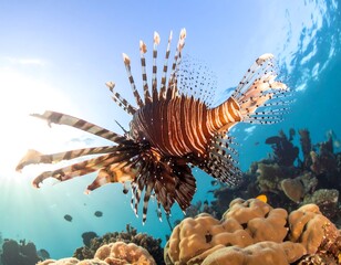 Striking striped lionfish swims above colorful coral reef under a bright, sunlit blue ocean surface