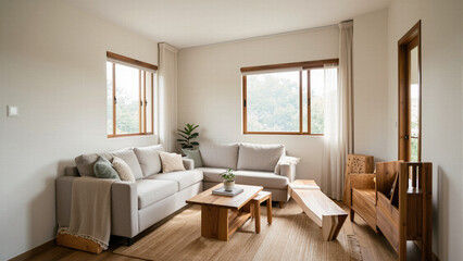 Spacious living room with a large L-shaped grey sofa set near windows, featuring a minimalist aesthetic with wooden accents and neutral tones for a cozy home.
