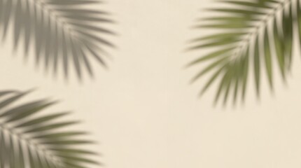 Fototapeta premium Palm leaves on beige background with tropical foliage border flat lay