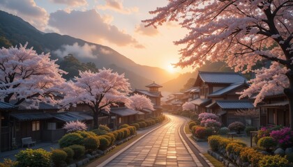 Fototapeta premium A peaceful Japanese village at sunrise, cherry blossoms falling gently as warm light fills wooden houses 
