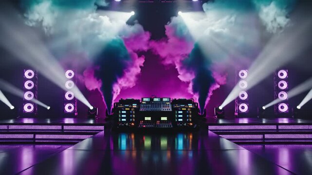 Dj setup on stage with purple lighting and blue smoke effects