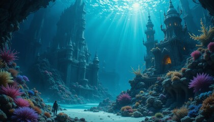 A magical underwater realm including luminous marine life, coral castles, and sunshine piercing the deep blue depths
