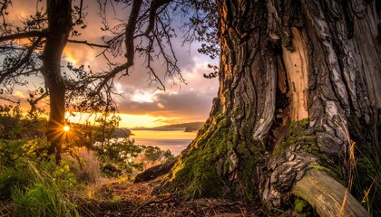 Sunrise glowing near coast; aged trees frame a misty sea. Warm light kisses the landscape in this scenic view