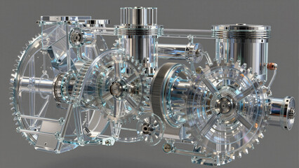 Intricate transparent glass clockwork gears and mechanical components showcasing complex engineering design for conceptual industrial technology visualizations.