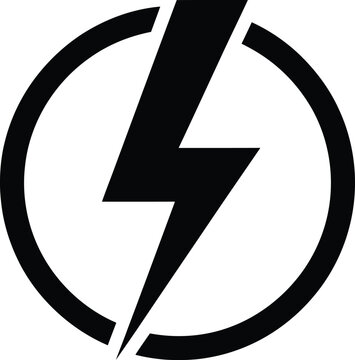 Black and white icon of a lightning bolt inside a circle, symbolizing electricity, power, energy, or speed